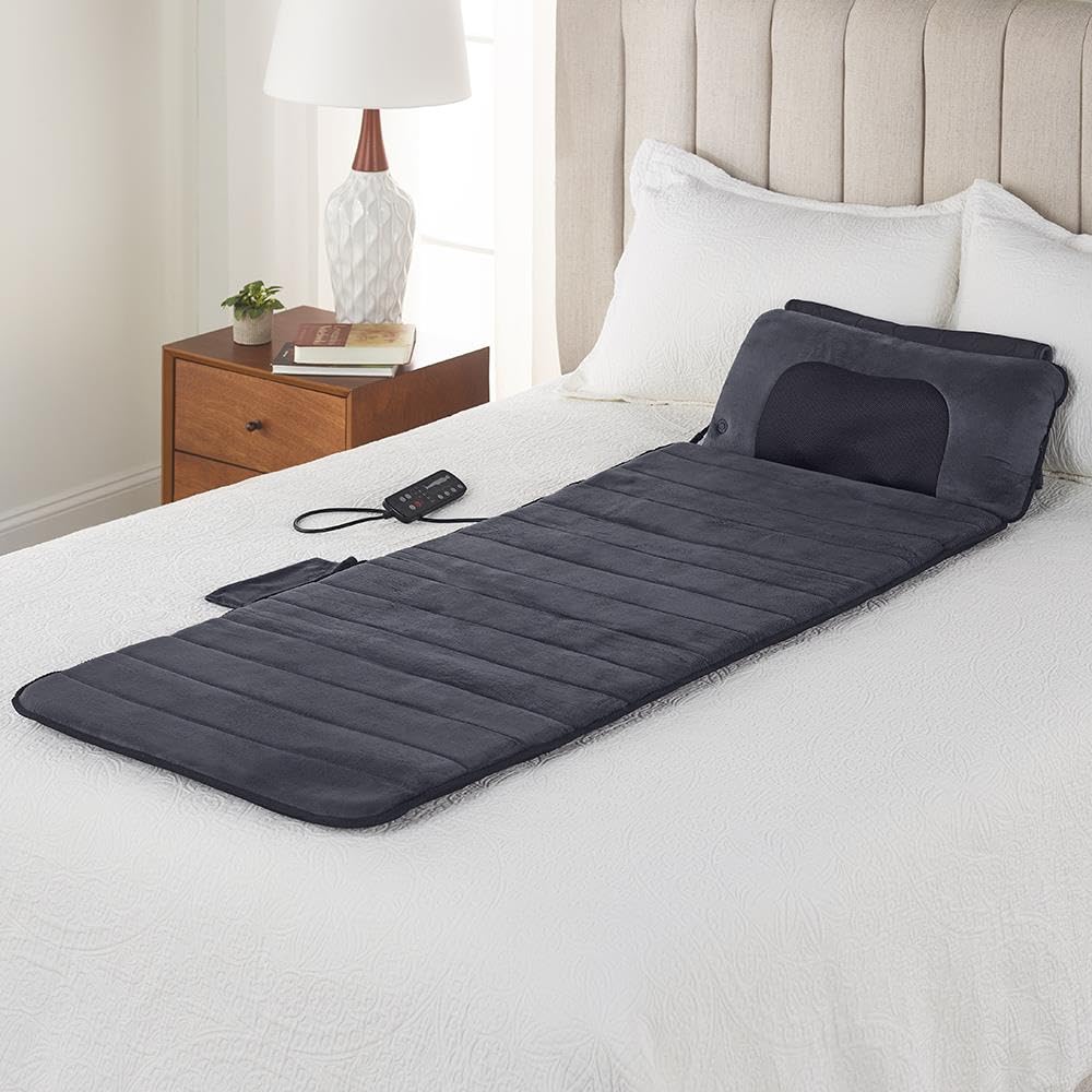 ThermaPulse™ – Tapis de Massage Chauffant Corps Complet avec Oreiller Shiatsu Détachable